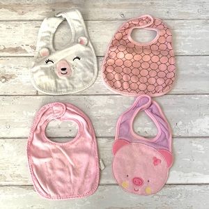 Baby Girl OS Drool Bibs Bundle Set of 4 Assorted Brands Pink White & Animals